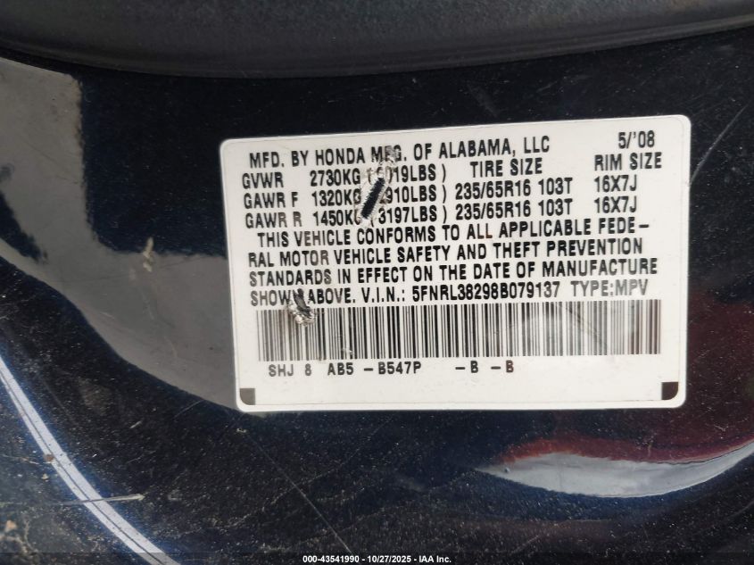 2008 Honda Odyssey Lx VIN: 5FNRL38298B079137 Lot: 43541990