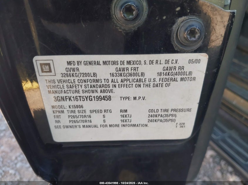 2000 Chevrolet Suburban 1500 Lt VIN: 3GNFK16T5YG199458 Lot: 43541998