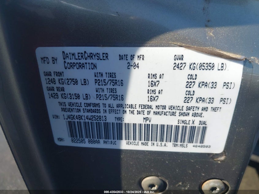 1J4GK48K14W252813 2004 JEEP LIBERTY (NORTH AMERICA) photo no. 9