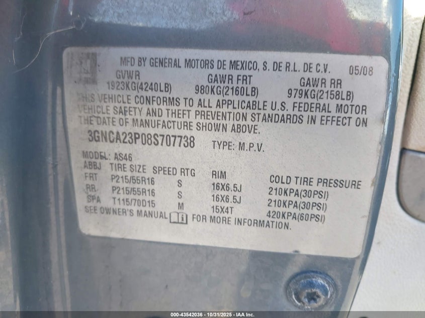 2008 Chevrolet Hhr Lt VIN: 3GNCA23P08S707738 Lot: 43542036