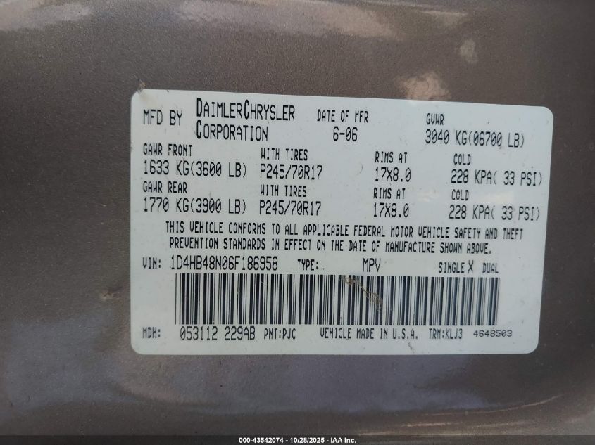 2006 Dodge Durango Slt VIN: 1D4HB48N06F186958 Lot: 43542074