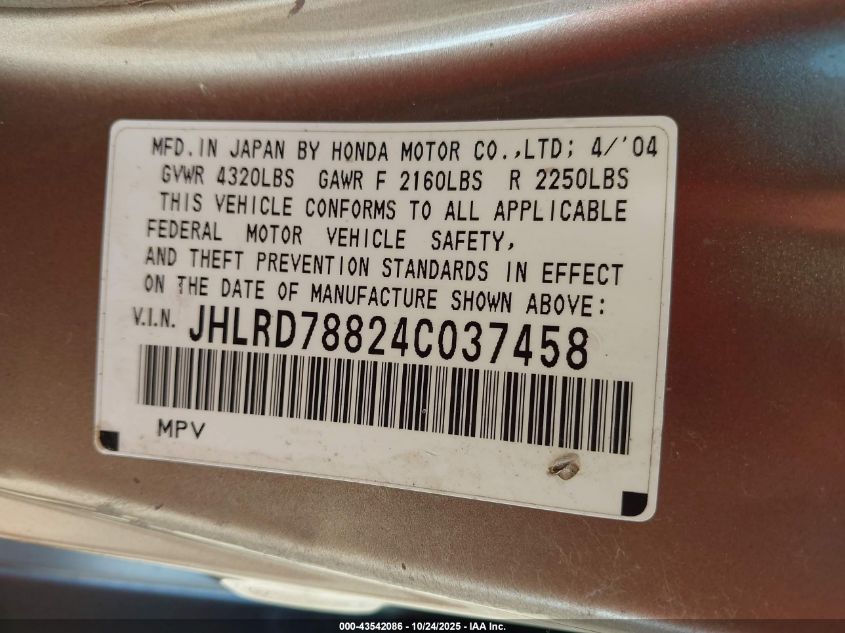 2004 Honda Cr-V Ex VIN: JHLRD78824C037458 Lot: 43542086