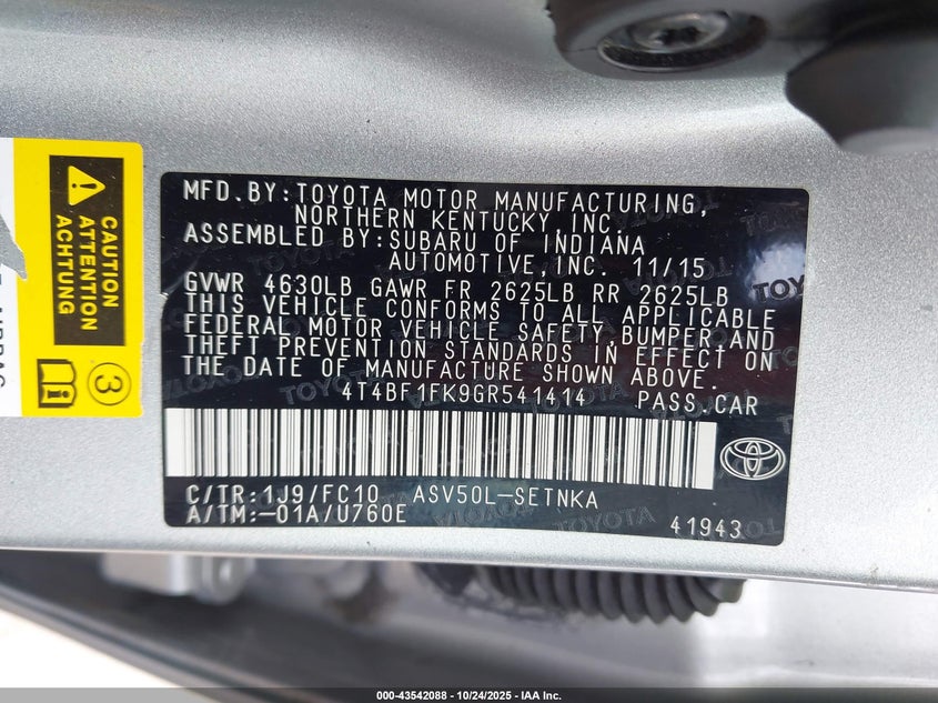 2016 Toyota Camry Le VIN: 4T4BF1FK9GR541414 Lot: 43542088