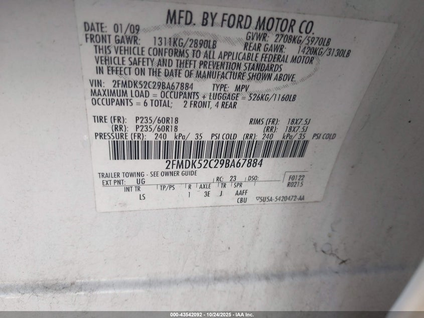 2009 Ford Flex Sel VIN: 2FMDK52C29BA67884 Lot: 43542092