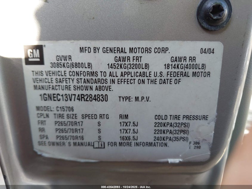 2004 Chevrolet Tahoe Ls VIN: 1GNEC13V74R284830 Lot: 43542093