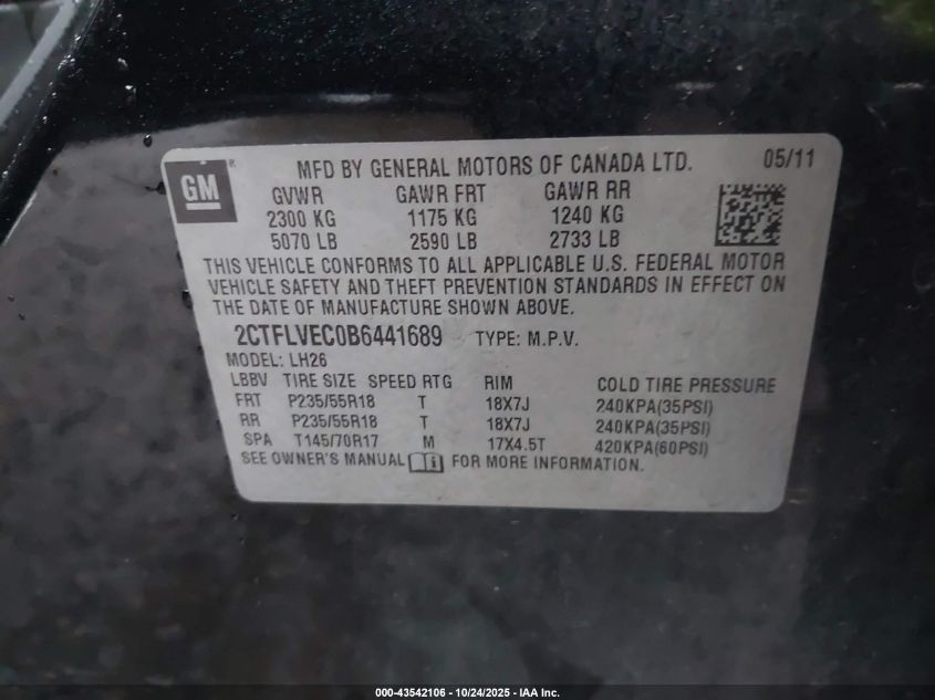 2011 GMC Terrain Slt-1 VIN: 2CTFLVEC0B6441689 Lot: 43542106