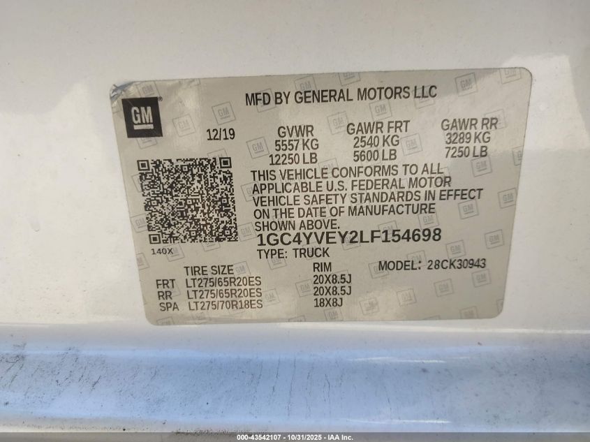 2020 Chevrolet Silverado 3500Hd 4Wd Long Bed High Country VIN: 1GC4YVEY2LF154698 Lot: 43542107