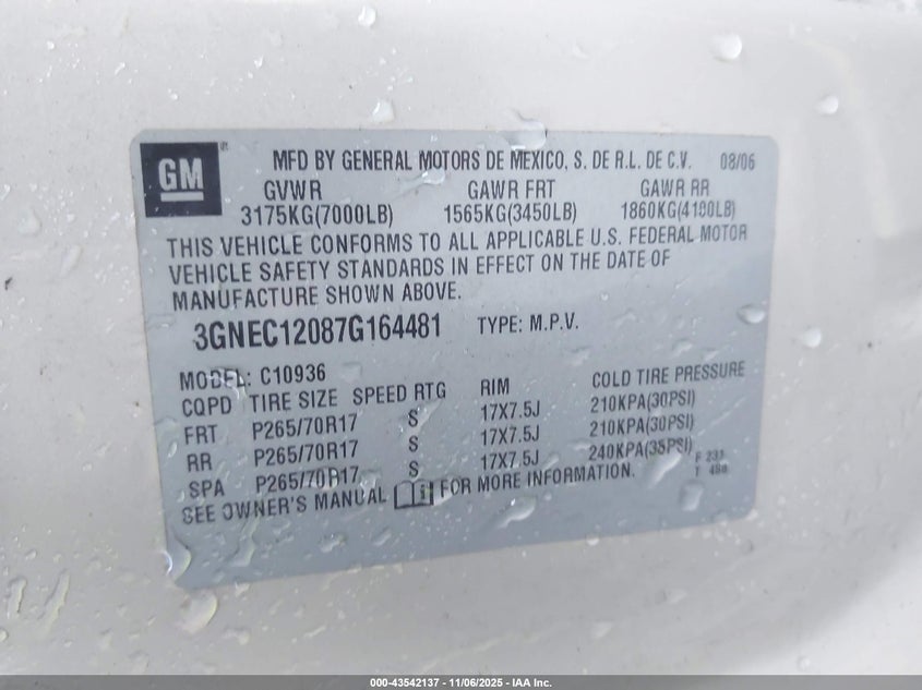 2007 Chevrolet Avalanche 1500 Lt VIN: 3GNEC12087G164481 Lot: 43542137