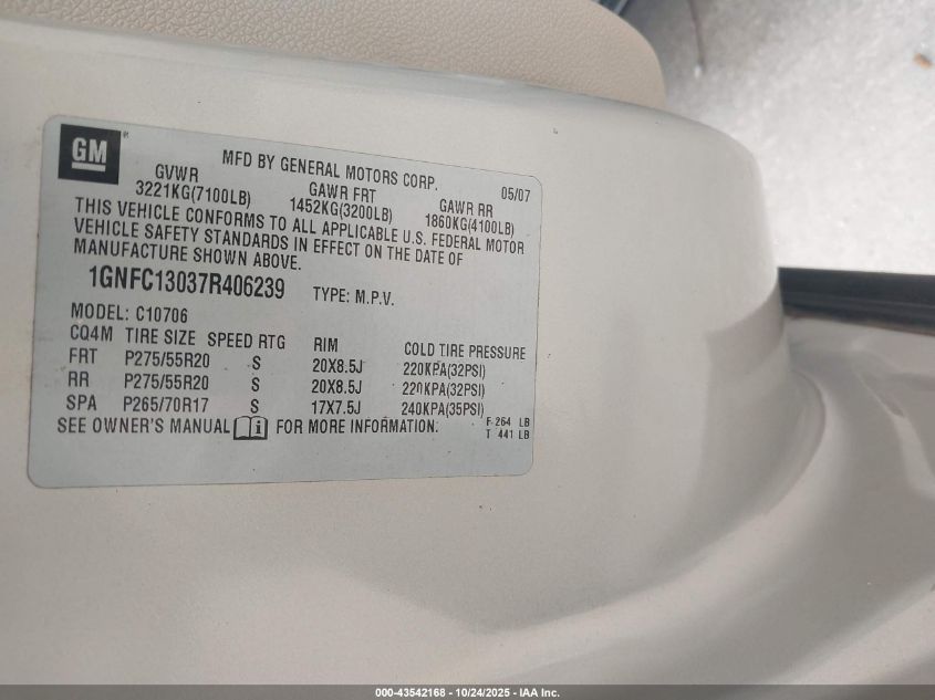 2007 Chevrolet Tahoe Lt VIN: 1GNFC13037R406239 Lot: 43542168