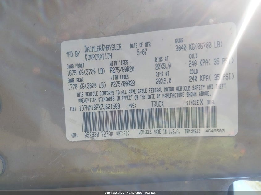 2007 Dodge Ram 1500 Slt VIN: 1D7HA18PX7J621568 Lot: 43542177