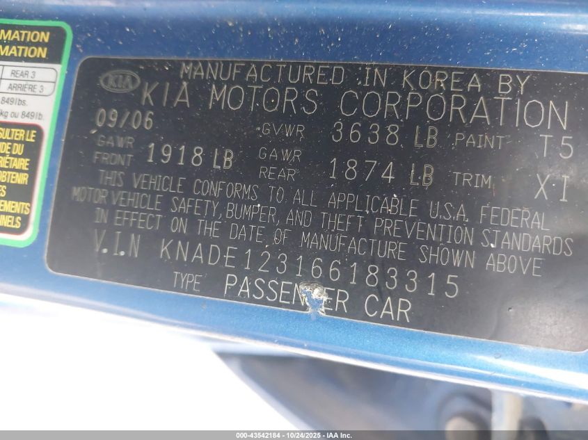 2006 Kia Rio Lx VIN: KNADE123166183315 Lot: 43542184