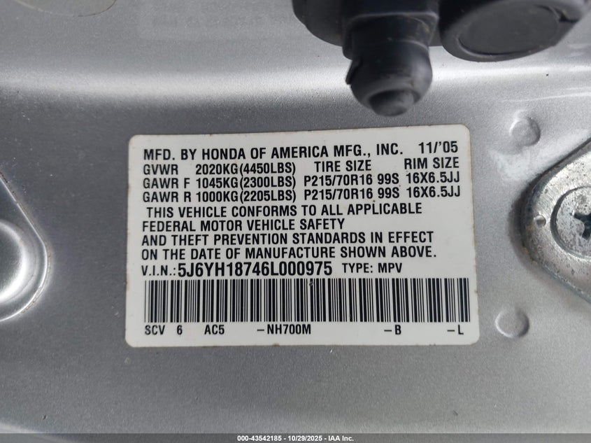 2006 Honda Element Ex-P VIN: 5J6YH18746L000975 Lot: 43542185