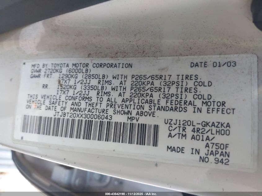 2003 Lexus Gx 470 VIN: JTJBT20XX30006043 Lot: 43542198