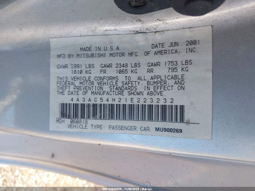 2001 Mitsubishi Eclipse Gt VIN: 4A3AC54H21E223232 Lot: 43542205