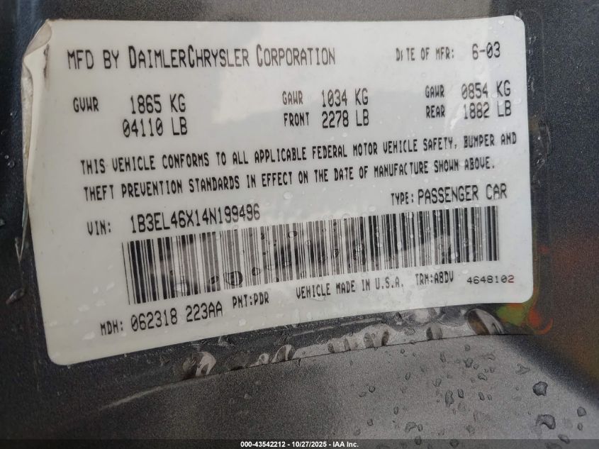 2004 Dodge Stratus Sxt VIN: 1B3EL46X14N199496 Lot: 43542212