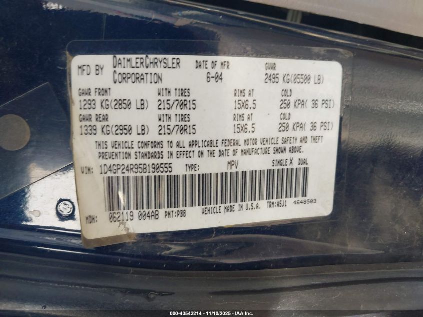 2005 Dodge Grand Caravan Se VIN: 1D4GP24R95B190555 Lot: 43542214