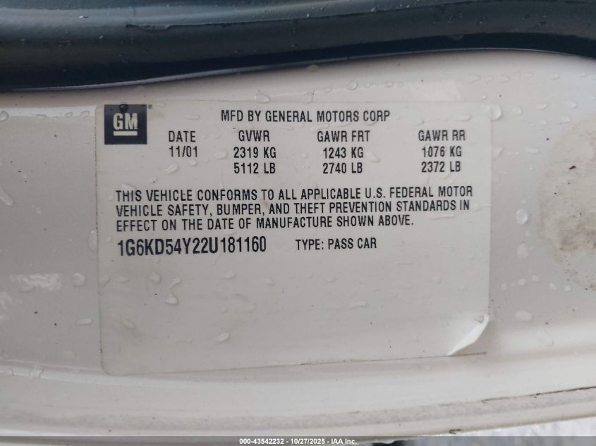 2002 Cadillac Deville Standard VIN: 1G6KD54Y22U181160 Lot: 43542232