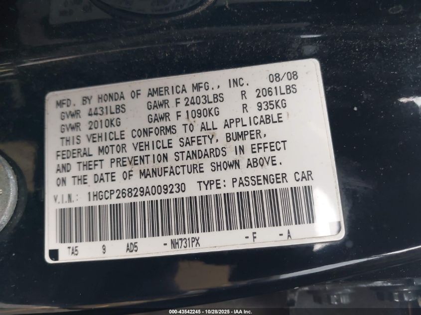 2009 Honda Accord 2.4 Ex-L VIN: 1HGCP26829A009230 Lot: 43542245