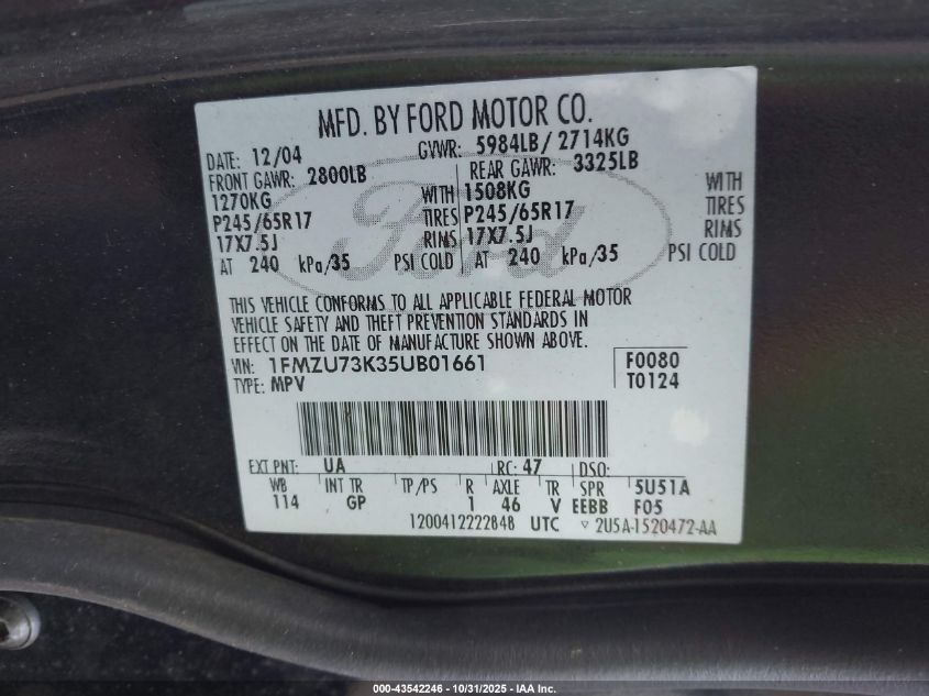 2005 Ford Explorer Xlt/Xlt Sport VIN: 1FMZU73K35UB01661 Lot: 43542246