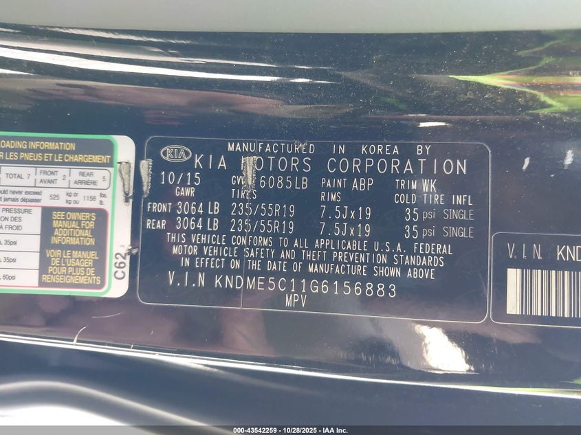 2016 Kia Sedona Sx Luxury VIN: KNDME5C11G6156883 Lot: 43542259