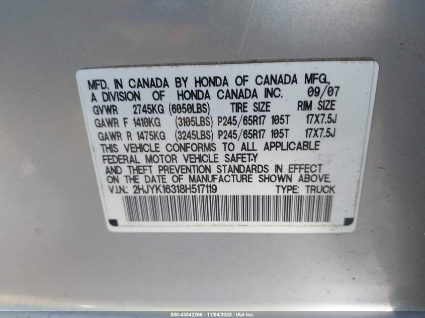 2008 Honda Ridgeline Rtx VIN: 2HJYK16318H517119 Lot: 43542266