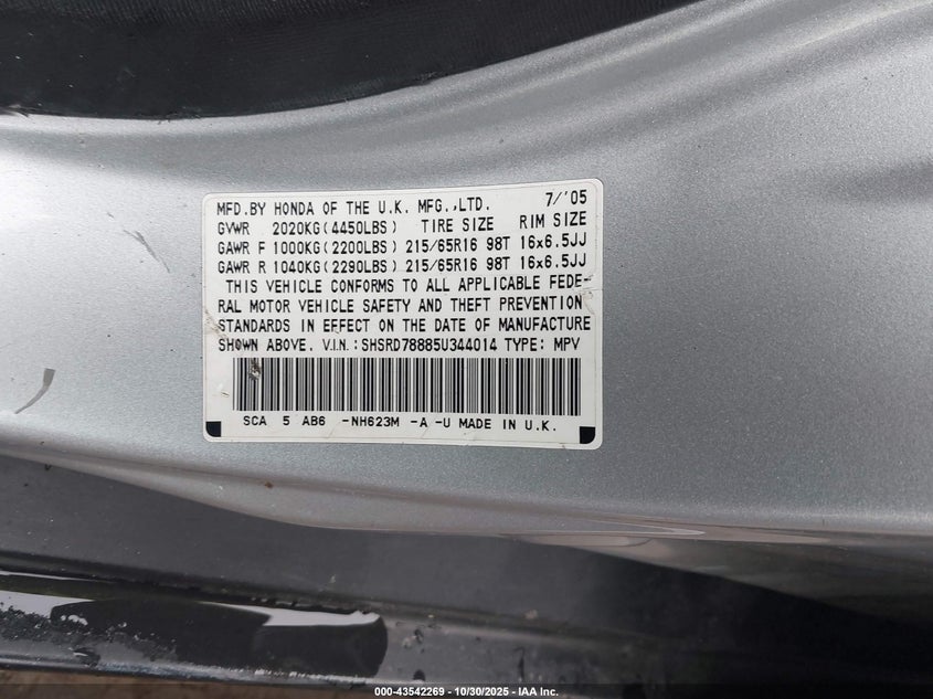 2005 Honda Cr-V Ex VIN: SHSRD78885U344014 Lot: 43542269