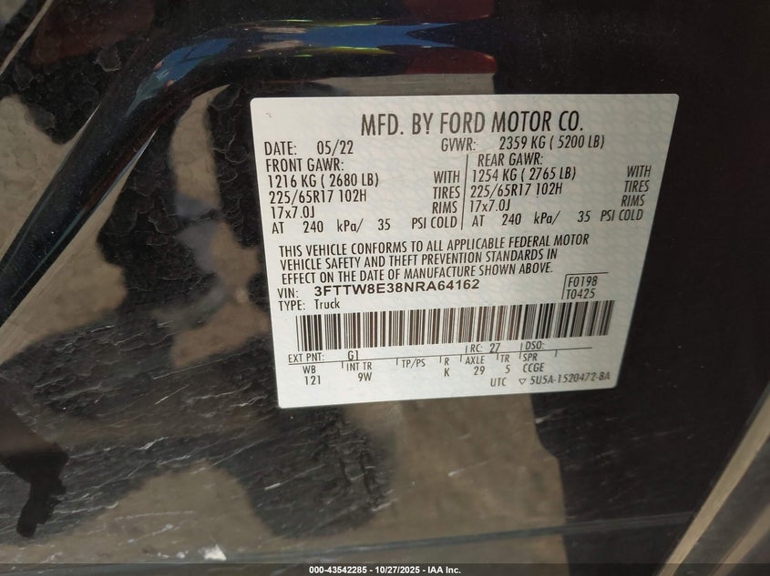 2022 Ford Maverick Xl VIN: 3FTTW8E38NRA64162 Lot: 43542285