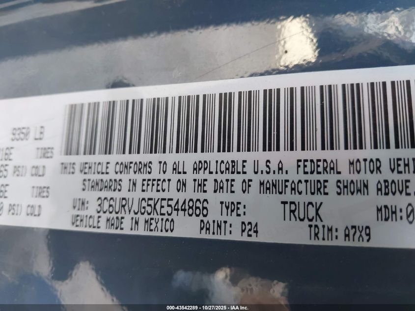 2019 Ram Promaster 3500 Cargo Van High Roof 159 Wb Ext VIN: 3C6URVJG5KE544866 Lot: 43542289