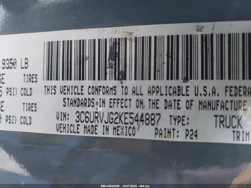 2019 Ram Promaster 3500 Cargo Van High Roof 159 Wb Ext VIN: 3C6URVJG2KE544887 Lot: 43542290