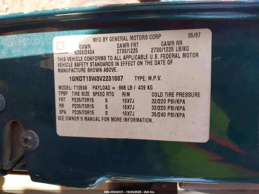 1997 Chevrolet Blazer Lt VIN: 1GNDT13W3V2231007 Lot: 43542331
