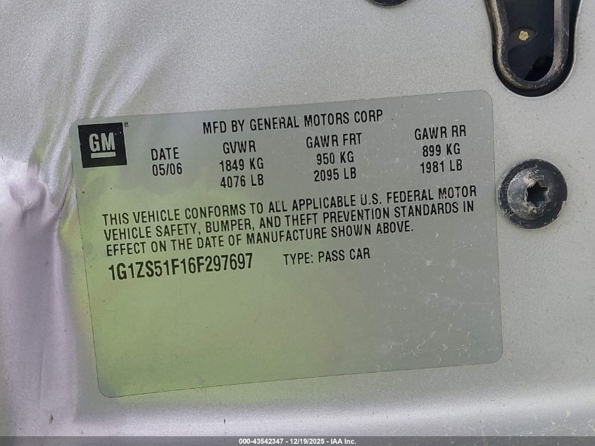 2006 Chevrolet Malibu Ls VIN: 1G1ZS51F16F297697 Lot: 43542347