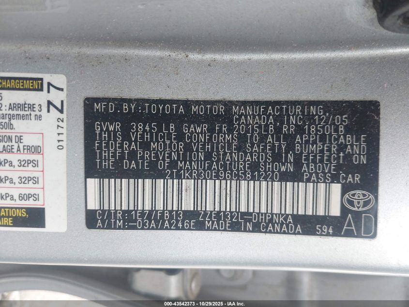 2006 Toyota Matrix Xr VIN: 2T1KR30E96C581220 Lot: 43542373