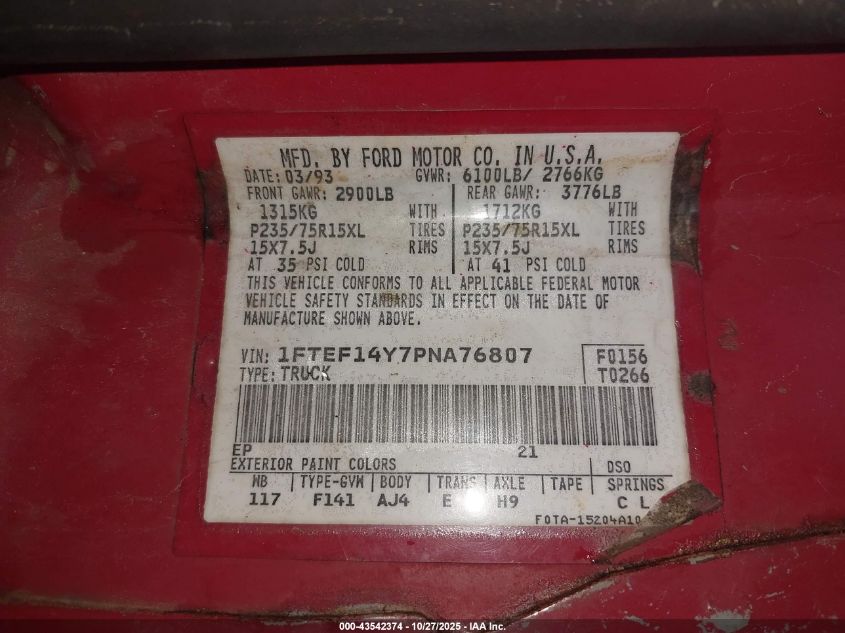 1993 Ford F150 VIN: 1FTEF14Y7PNA76807 Lot: 43542374