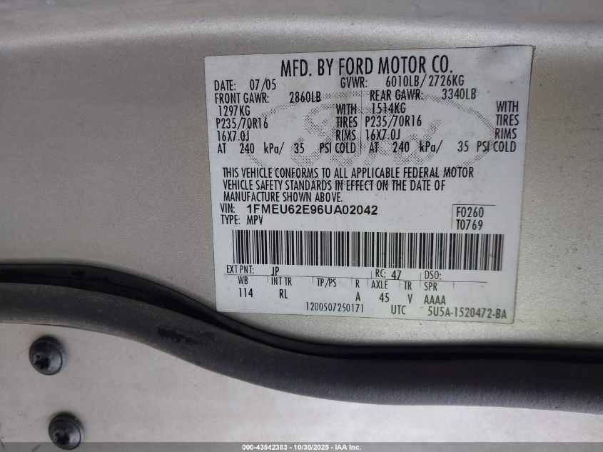 2006 Ford Explorer Xls VIN: 1FMEU62E96UA02042 Lot: 43542383