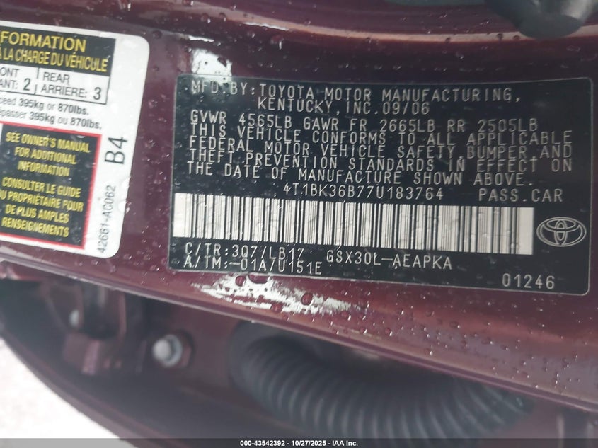 2007 Toyota Avalon Limited VIN: 4T1BK36B77U183764 Lot: 43542392