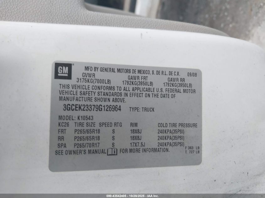 2009 Chevrolet Silverado 1500 Lt VIN: 3GCEK23379G126964 Lot: 43542405
