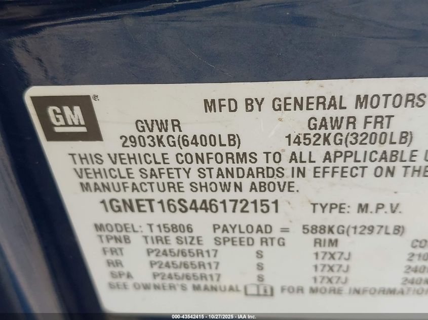 2004 Chevrolet Trailblazer Ext Lt VIN: 1GNET16S446172151 Lot: 43542415