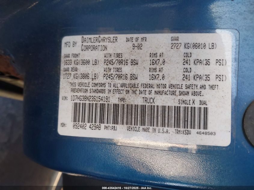 2003 Dodge Dakota Sport/Sxt VIN: 1D7HG38N23S154191 Lot: 43542416