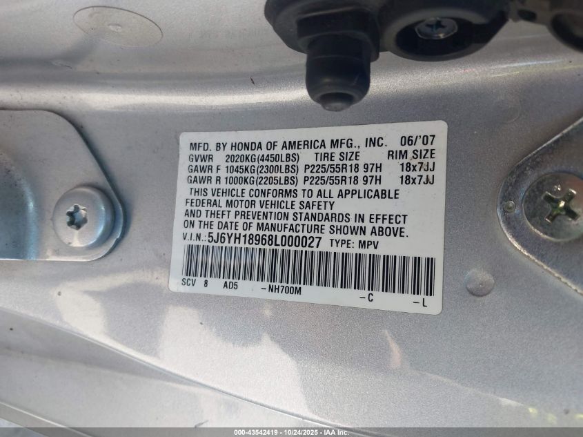 2008 Honda Element Sc VIN: 5J6YH18968L000027 Lot: 43542419