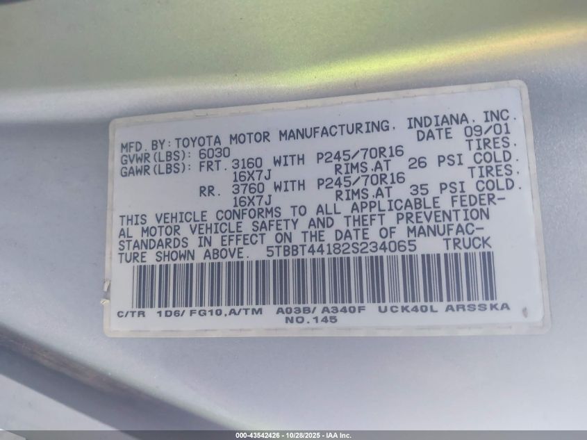 2002 Toyota Tundra Sr5 V8 VIN: 5TBBT44182S234065 Lot: 43542426