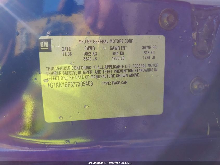 2007 Chevrolet Cobalt Ls VIN: 1G1AK15F377205453 Lot: 43542431