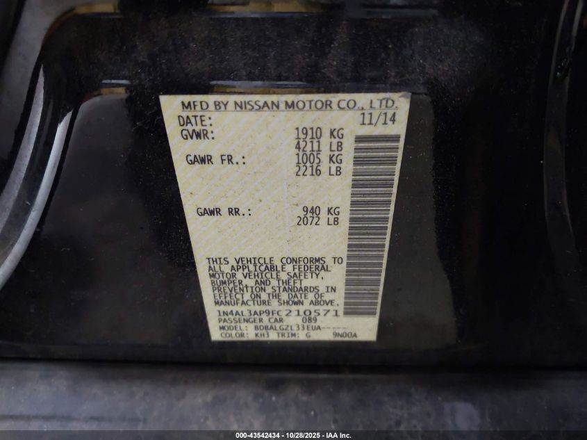 2015 Nissan Altima 2.5 S VIN: 1N4AL3AP9FC210571 Lot: 43542434