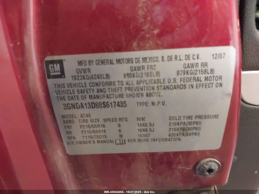 2008 Chevrolet Hhr Ls VIN: 3GNDA13D88S617435 Lot: 43542454