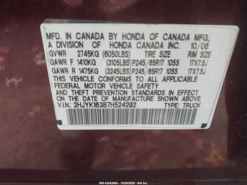 2007 Honda Ridgeline Rtx VIN: 2HJYK16387H524292 Lot: 43542464