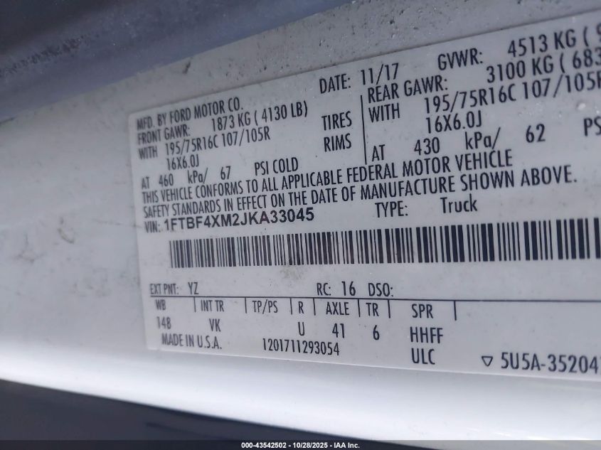 2018 Ford Transit-350 VIN: 1FTBF4XM2JKA33045 Lot: 43542502