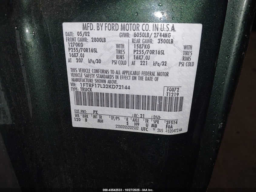 2002 Ford F-150 Xl/Xlt VIN: 1FTRF17L32KD72144 Lot: 43542533