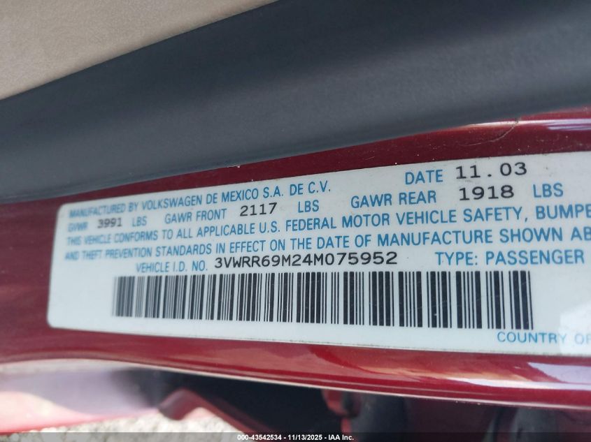 2004 Volkswagen Jetta Gl Tdi VIN: 3VWRR69M24M075952 Lot: 43542534