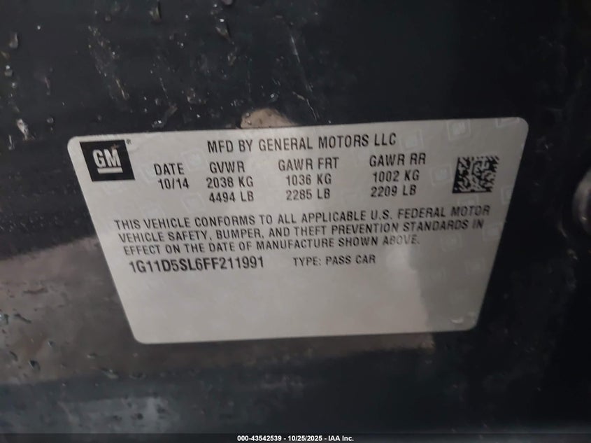 2015 CHEVROLET MALIBU 2LT 1G11D5SL6FF211991