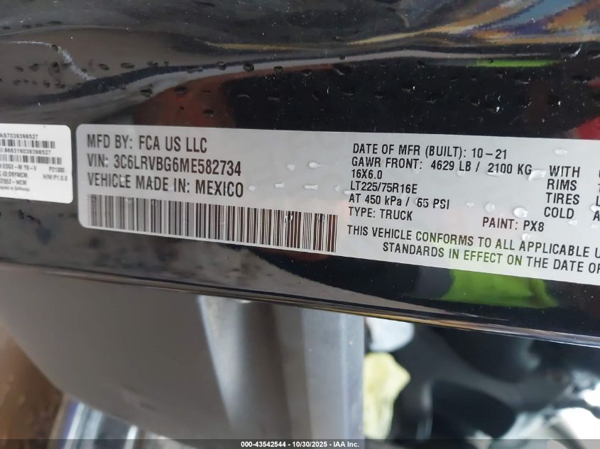 2021 Ram Promaster 1500 High Roof 136 Wb VIN: 3C6LRVBG6ME582734 Lot: 43542544
