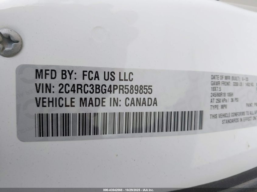 2023 Chrysler Pacifica Touring L Awd VIN: 2C4RC3BG4PR589855 Lot: 43542568